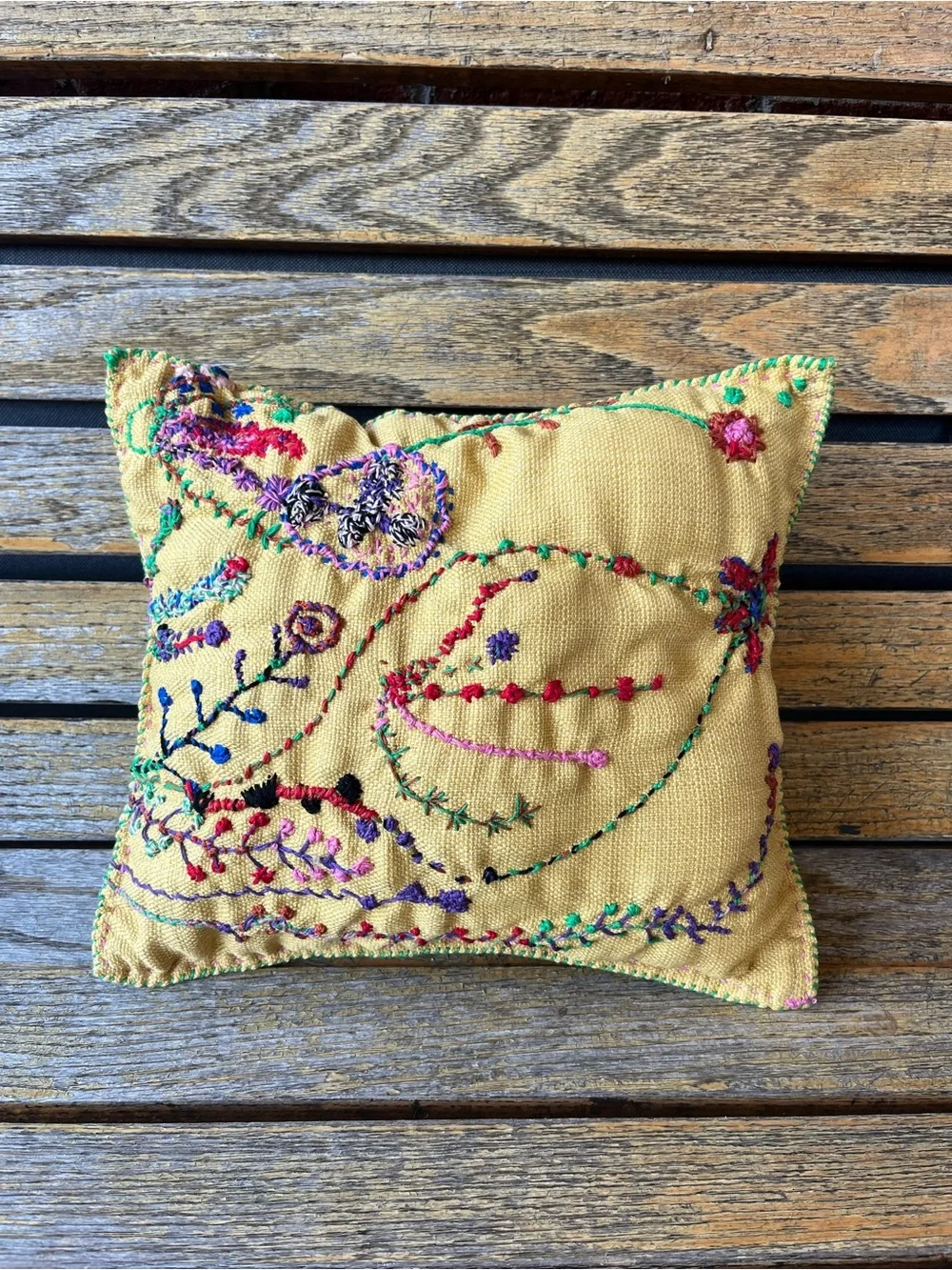Handmade Embroidered Pillow 12x12x3 Colorful Folk Art Decorative Throw Pillow